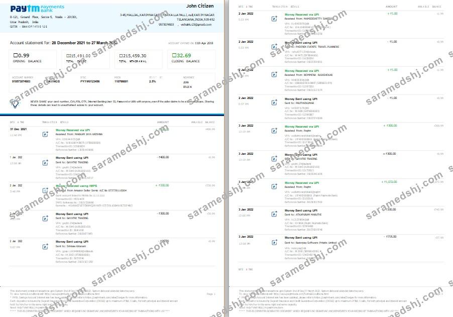 India Paytm Payments bank statement template, Word and PDF format, 2 pages